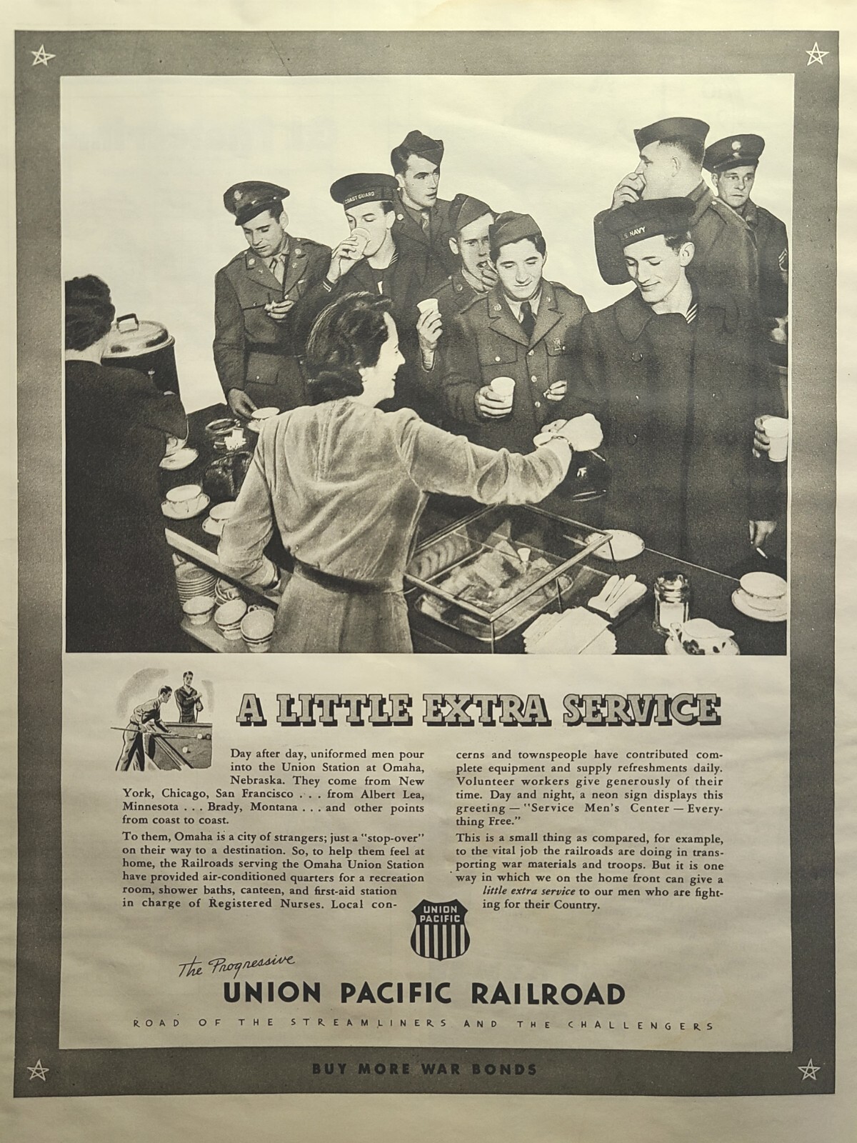 Union Pacific Railroad Omaha Station Service Men\'s Center Vintage Print Ad 1943