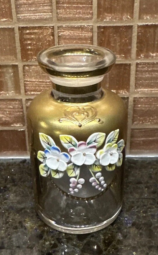 Art Glass Ceskci  Bud Vase Bohemian Hand Painted Enamel Flowers Gold Gilt 3 1/2”