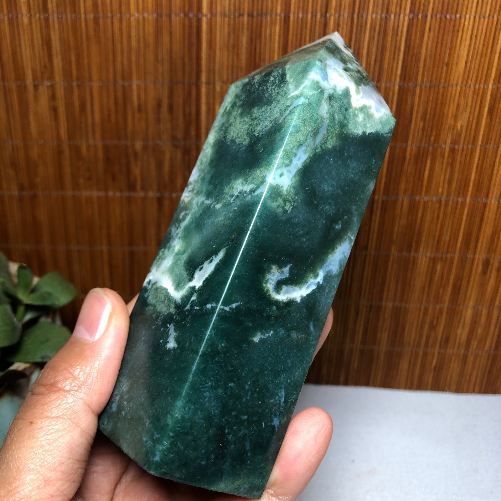 125mm Natural moss agate wand Obelisk Crystal rough/polish specimens 364g A1420
