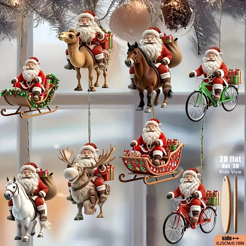 8pcs Different Riding Tools 2D Flat Santa Claus Wooden Ornament Set - Perfect fo