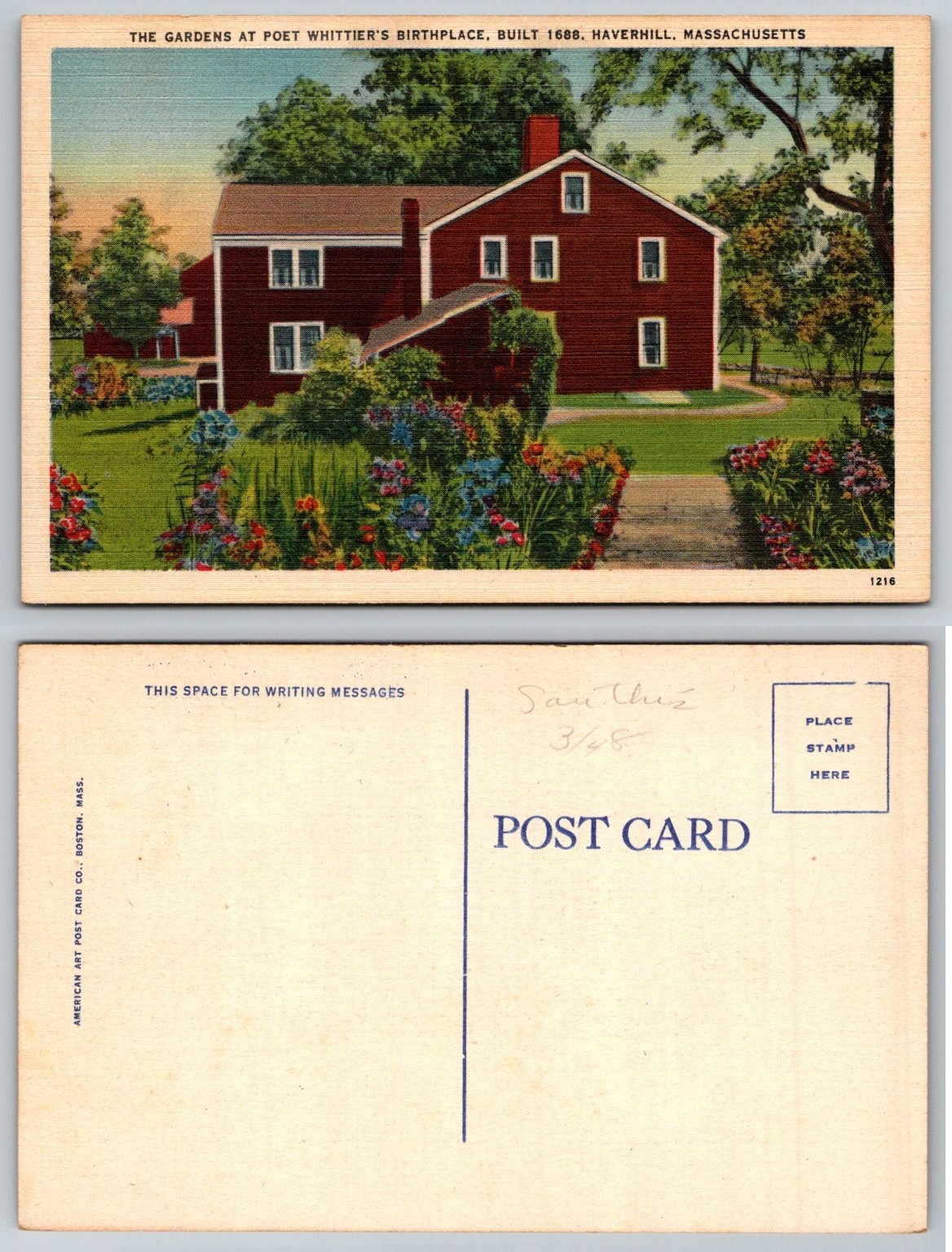 Poet Whittier Birthplace Haverhill MA Gardens Linen Postcard 1948