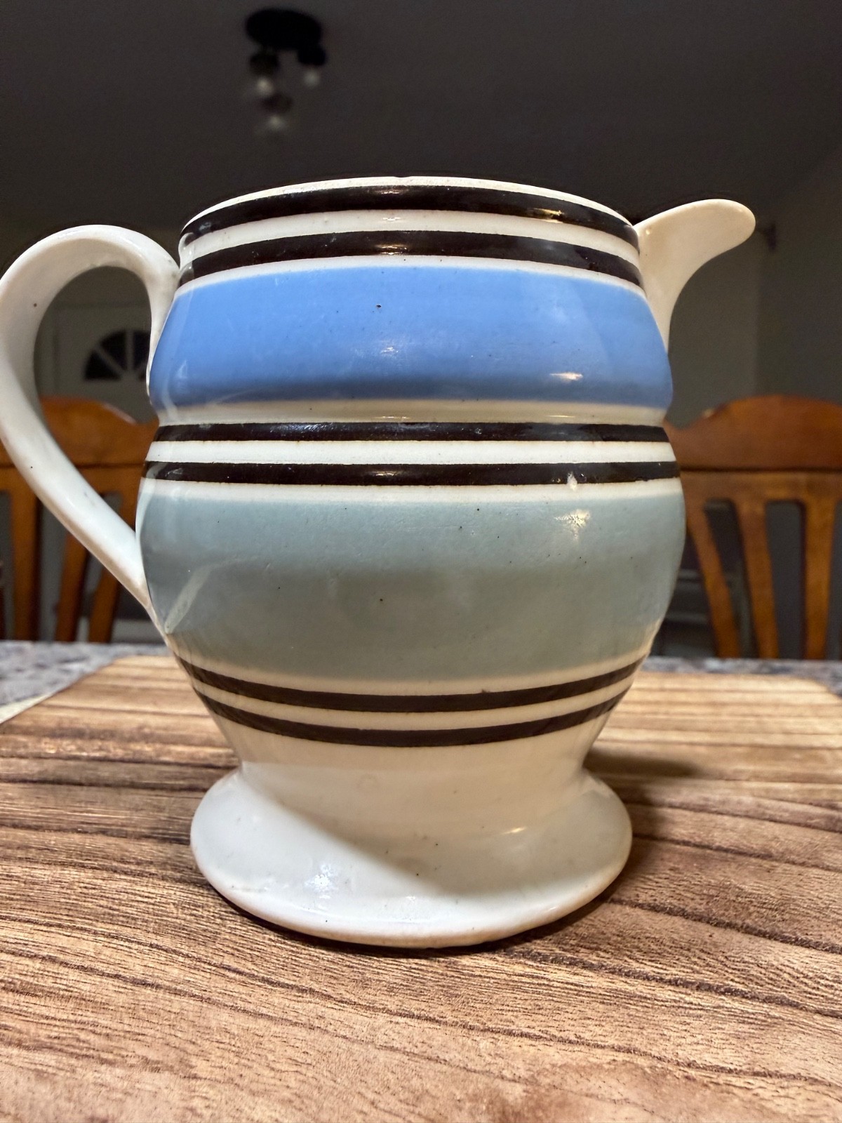 Antique 19thC English Mochaware Pitcher Banded Slipware Yellowware Leaf Handle
