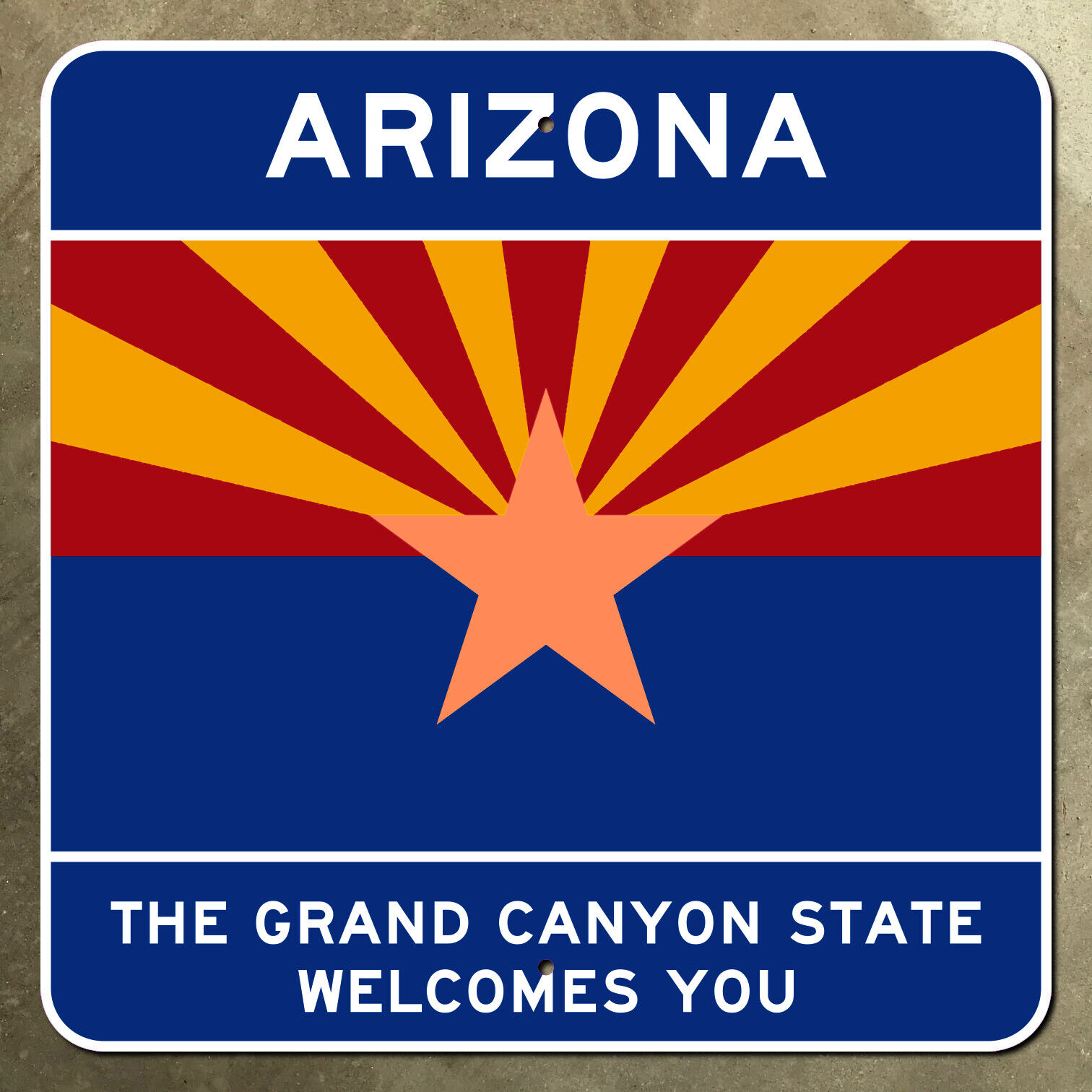 Arizona state line highway marker road sign sun rays star blue copper 1989 36x36