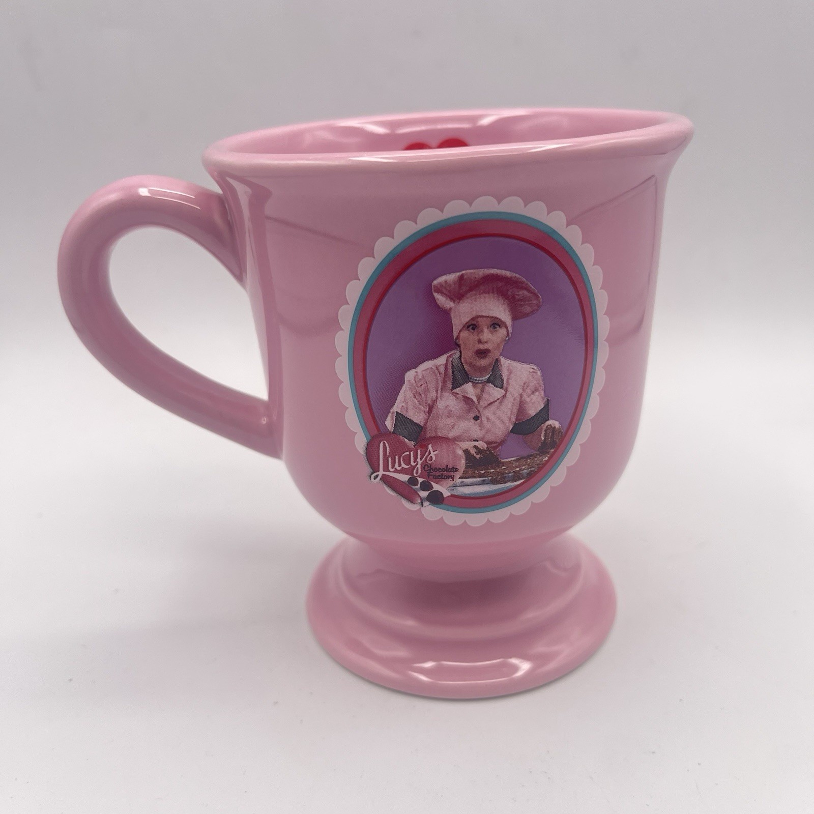 I Love Lucy Hey this is fun Chocolate Factory Pink Pedestal Coffee Mug
