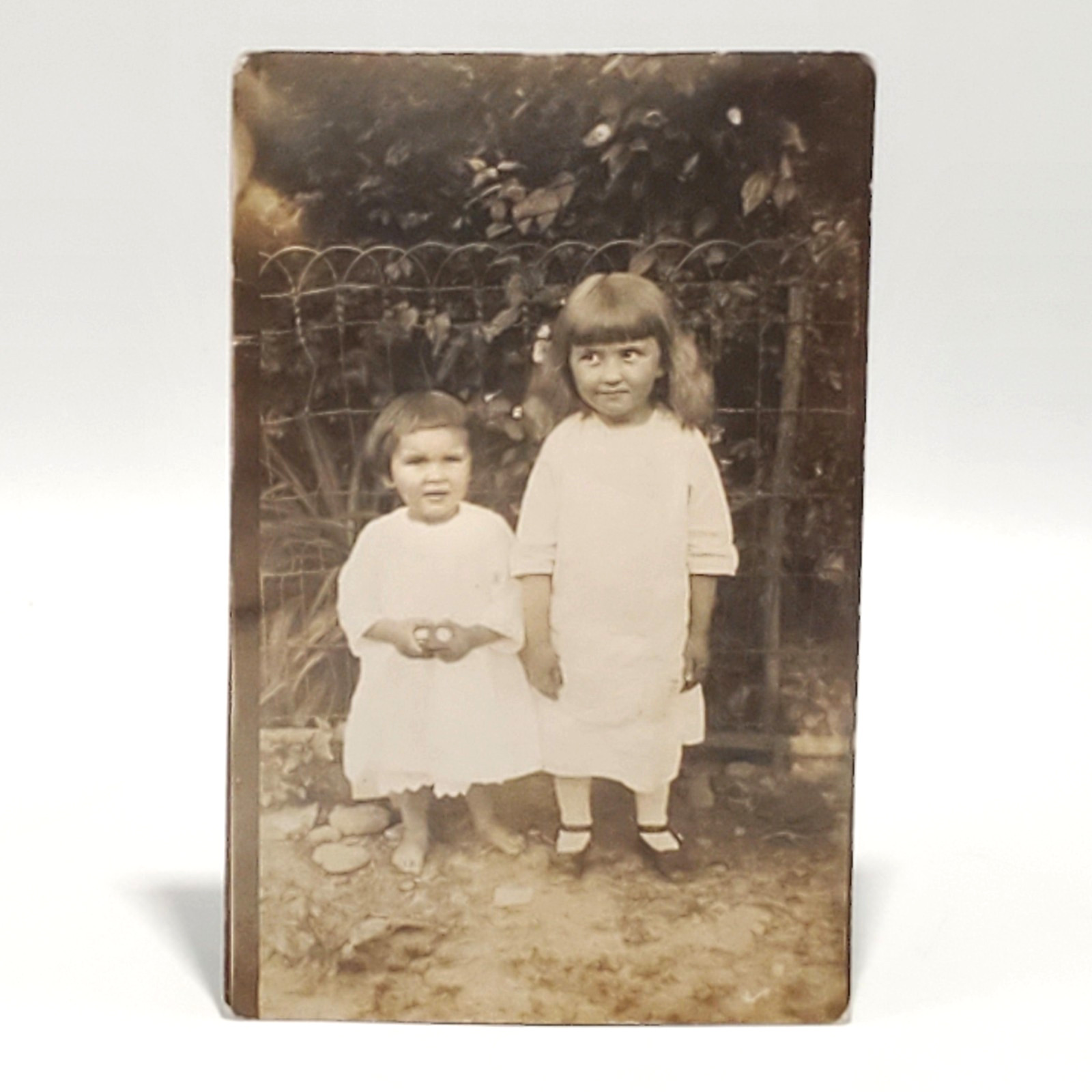 c. 1907 Antique RPPC Pretty Little Girls Dresses & Barefoot Real Photo Postcard