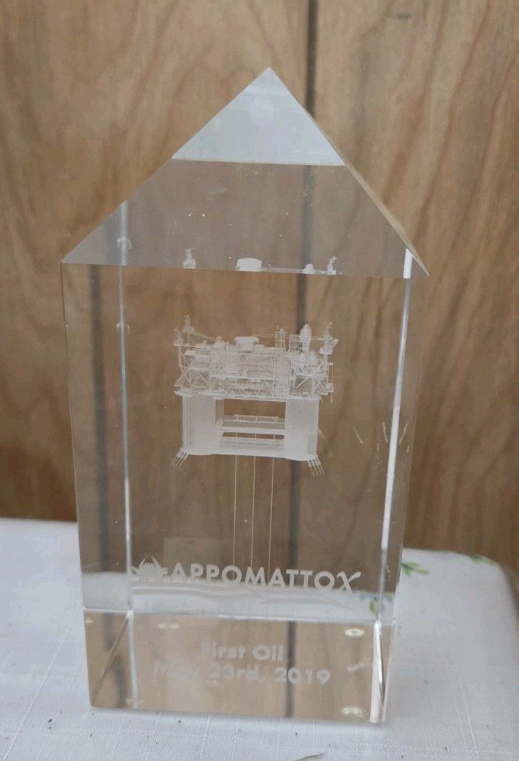  3D Laser Etched Crystal Custom Corporate Award  APPOMATTOX Oil Platform (Shell)