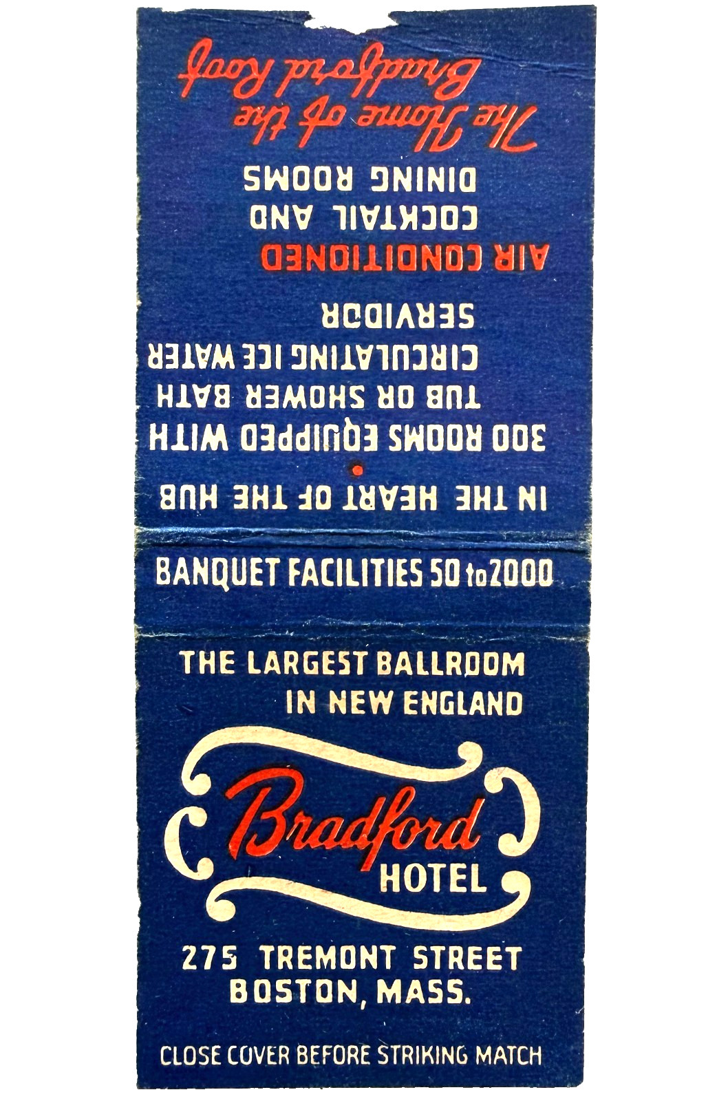 1940s Bradford Hotel Boston Massachusetts Matchbook Cover Travel Ballroom Ad