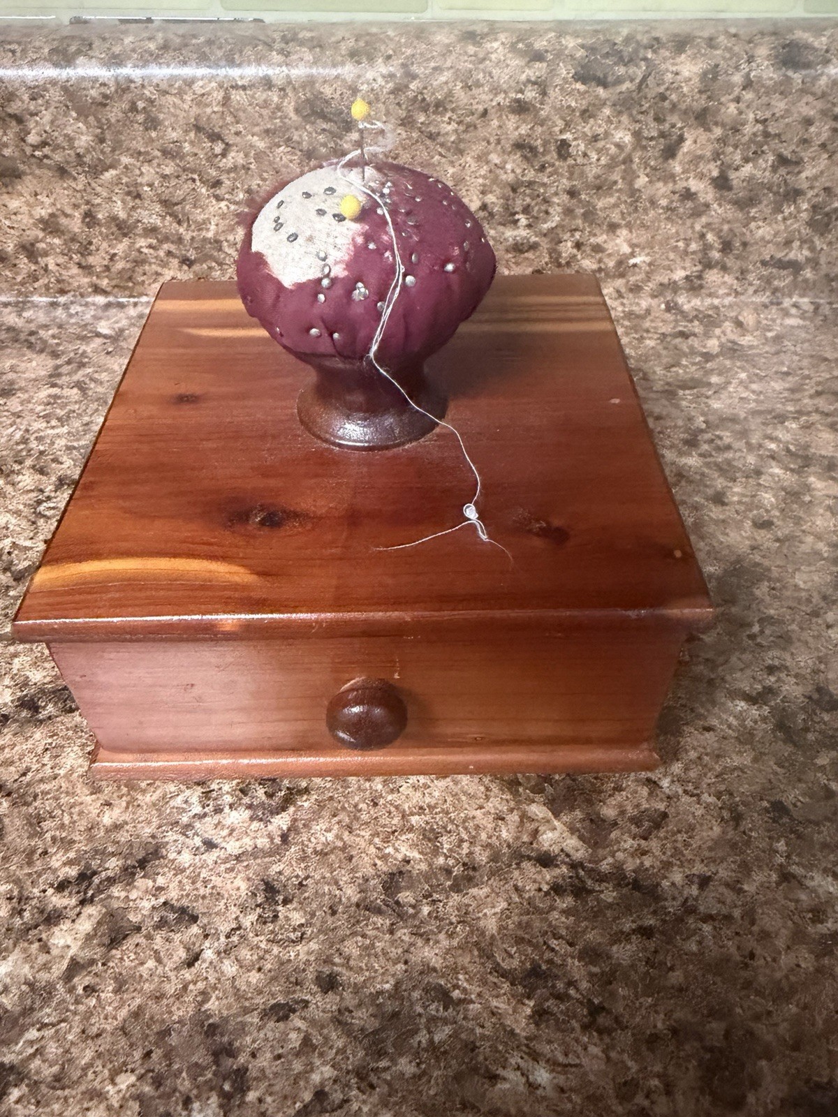 Wooden Sewing Box With Pin Cushion Vintage