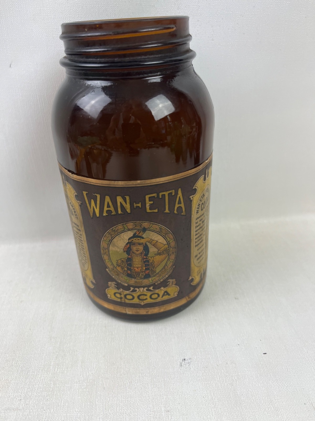 Antique Amber Glass Jar WAN-ETA COCOA Massachusetts Chocolate Company With Label