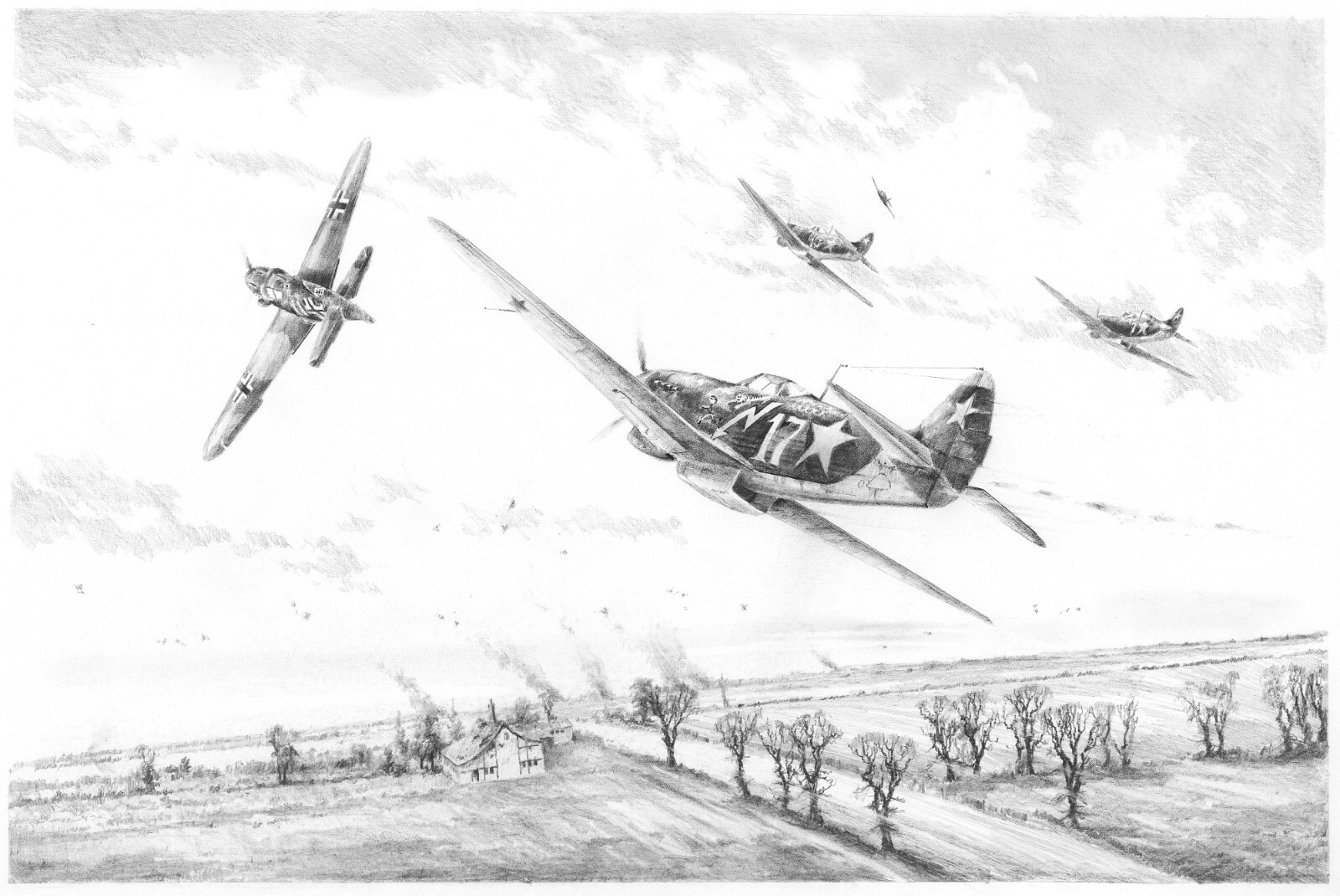 Red Hot Pursuit by Simon Atack aviation art signed by Russian WW2 Aces