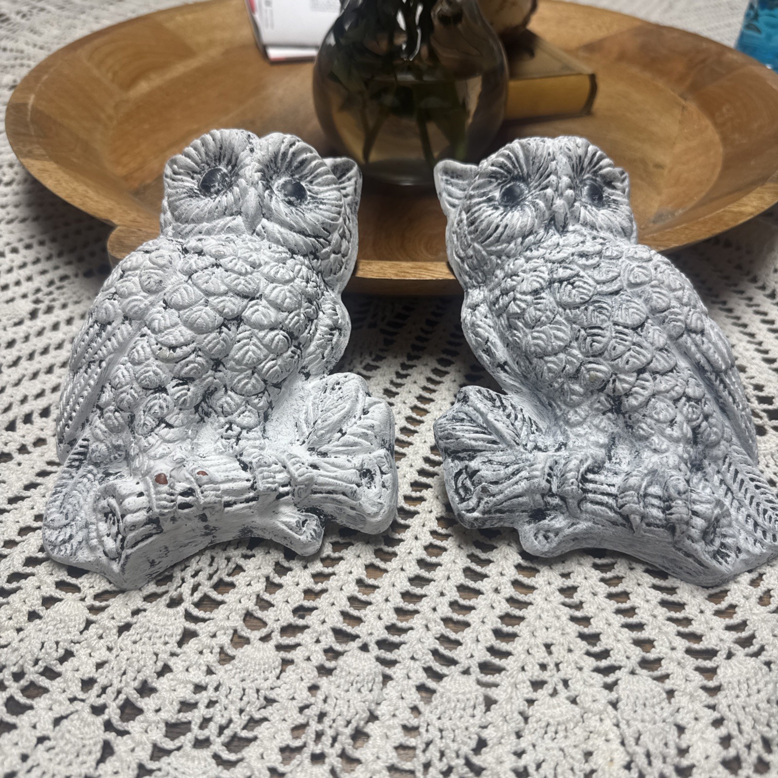 Vintage 1970s Foam Owl Wall Plaques Pair Homco Burwood Style Distressed White  