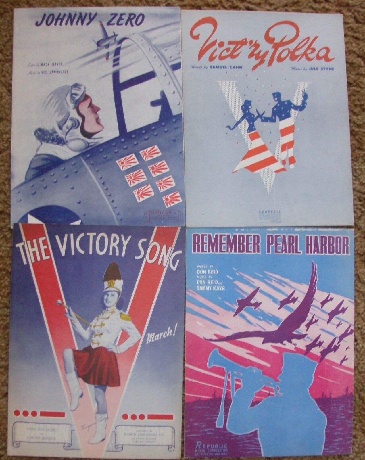 (4) WWII VICTORY, JOHNNY ZERO, VICTORY POLKA, REMEMBER PEARL HARBOR MUSIC SHEETS