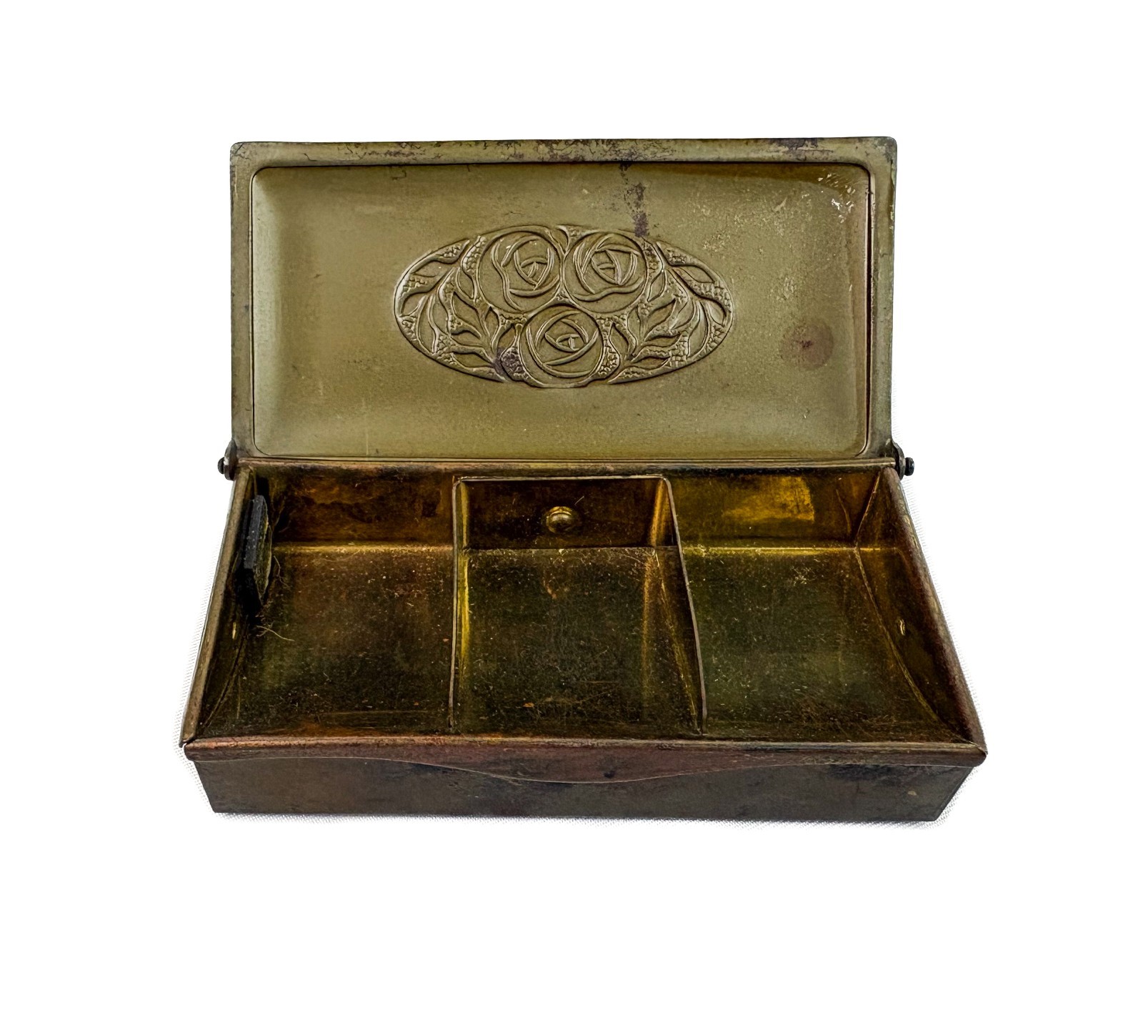 Vintage Art Nouveau Roses Brass 3-compartment Stamp/Pill/Trinket Box Austria