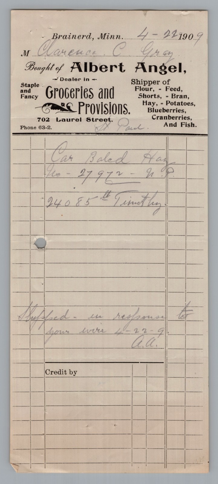 1909 Albert Angel Groceries Invoice Brainerd Minnesota Vintage Billhead Receipt