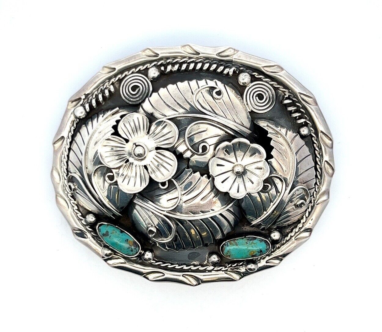 Taxco Mexico 950 Silver Floral Turquoise Stones Belt Buckle 2” Belt Width 109.2g