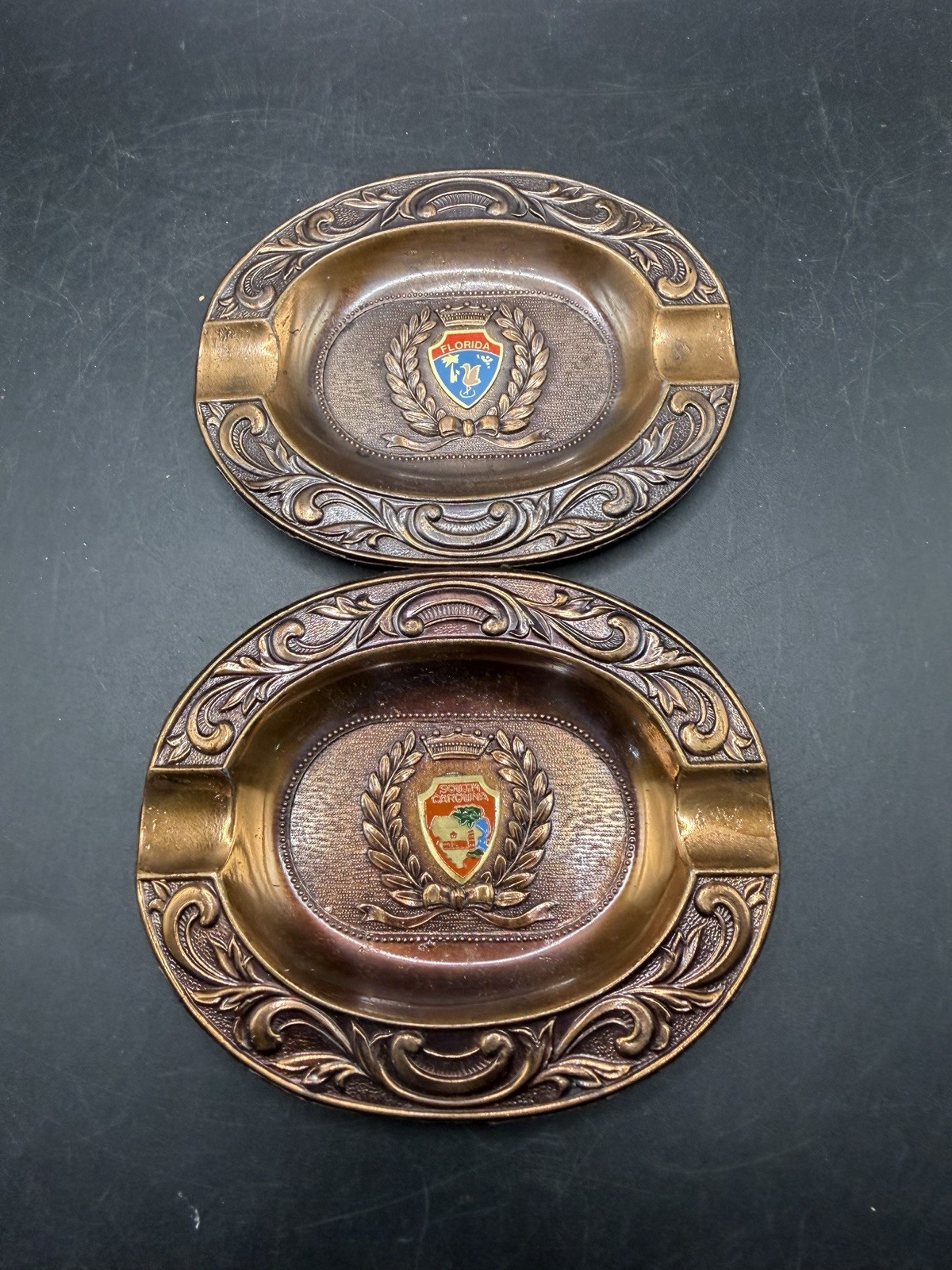 Vintage Brass Florida South Carolina Crest Ashtrays Souvenir Lot of 2 