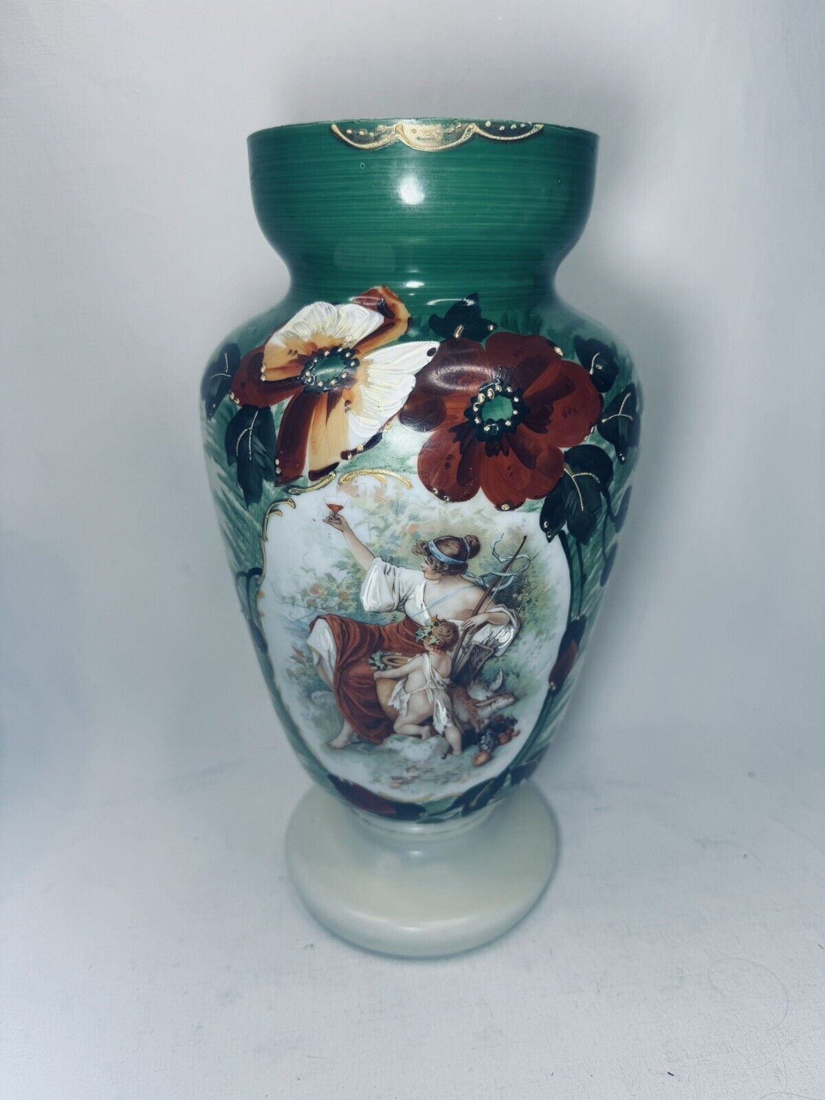 Vintage Large Tall Opaline Glass Vase Hand Painted Green & Red Flowers Gold Trim