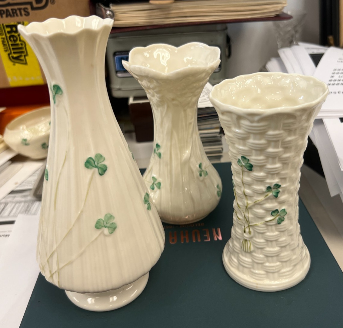 Lot Of 3 Vintage Belleek Shamrock Vase Ireland Lot Of 3 Vintage Belleek Shamrock Vase Ireland