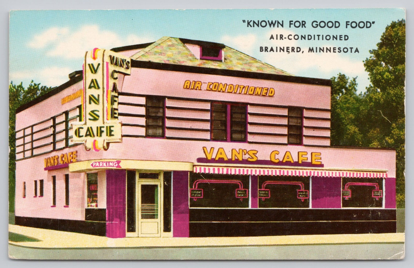 Vans Cafe Brainerd Minnesota Famous For Good Food Neon Art Deco Chrome Postcard