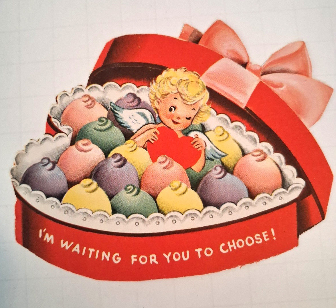 Vintage Valentine Card Heart Shaped Box of Candy with Cupid Used