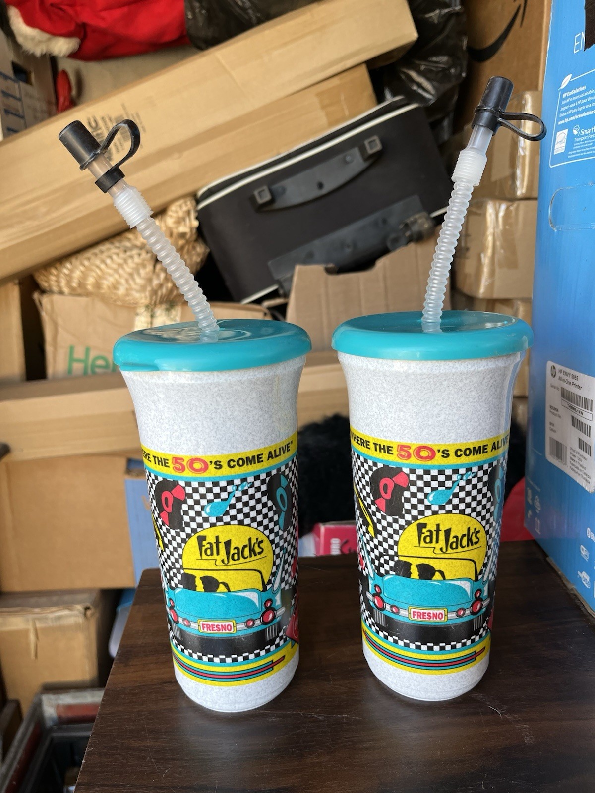 VTG Fat Jack’s Fresno CA 50’s Diner Souvenir Cups Whirley Plastic Lids/Straws x2