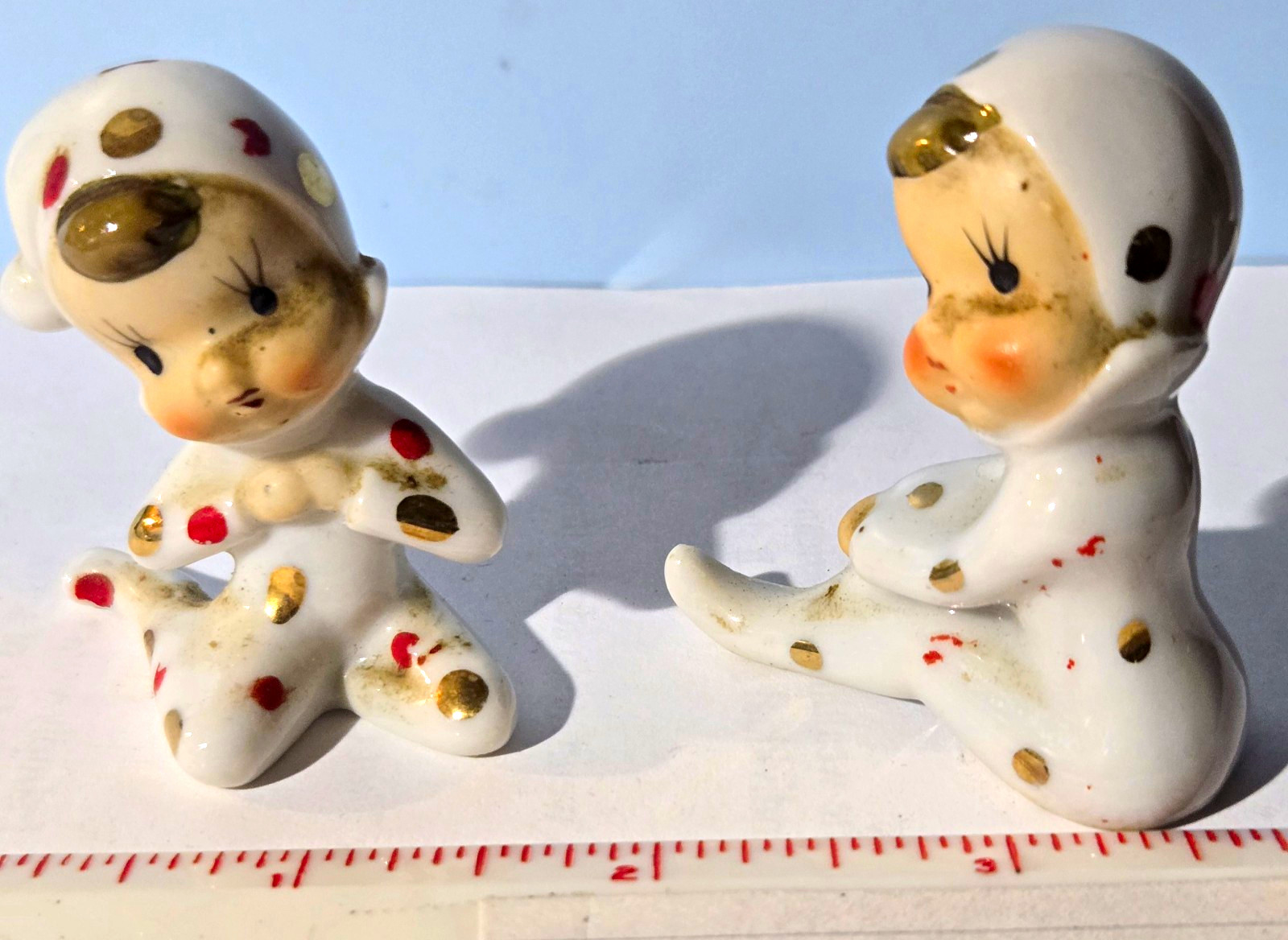 Vintage Japan Ceramic Baby Elfs Pair Hand Painted Glazed Polka Dot 2in