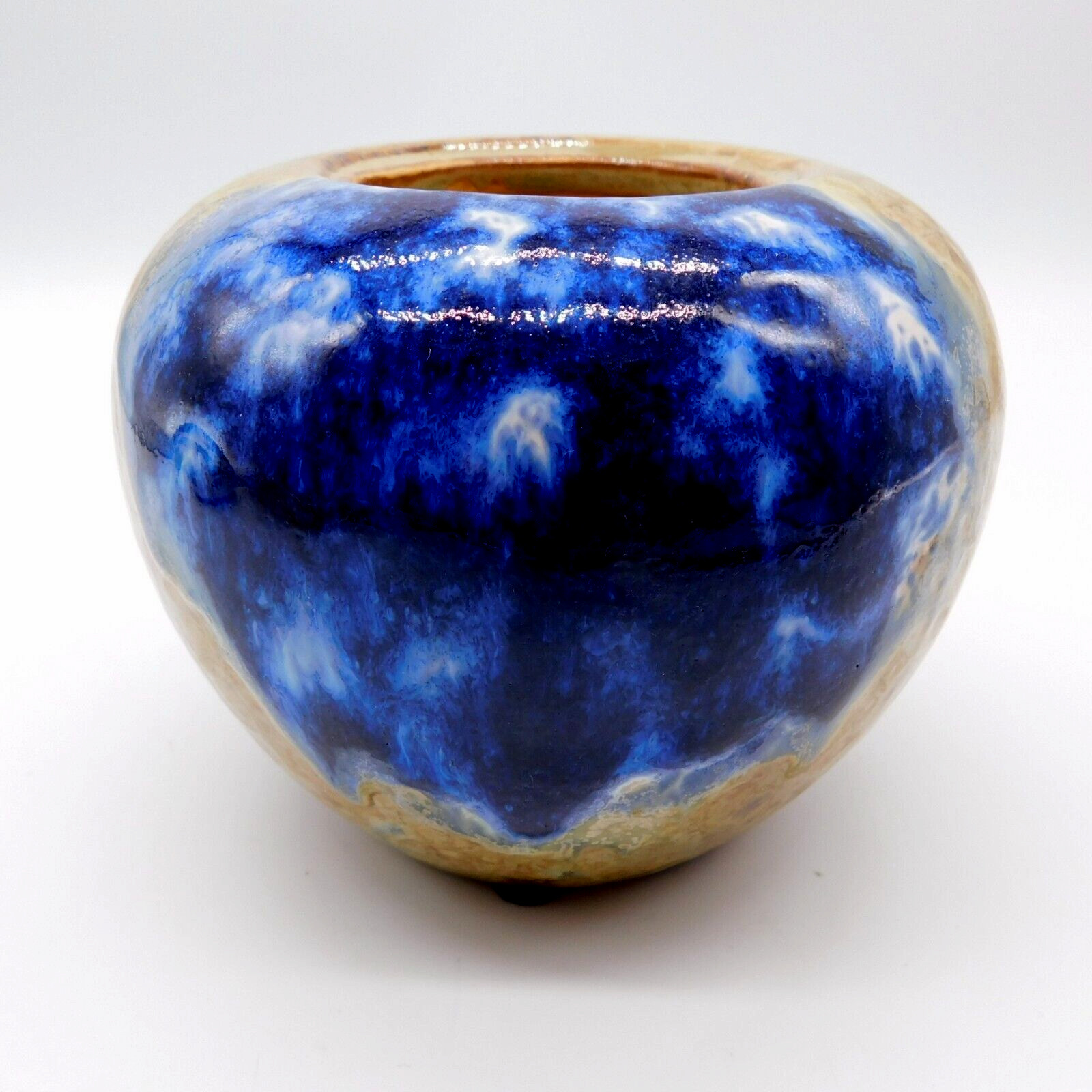 Cobalt Blue Natural Art Pottery Vase Abstract Drip Glaze Finish 4\