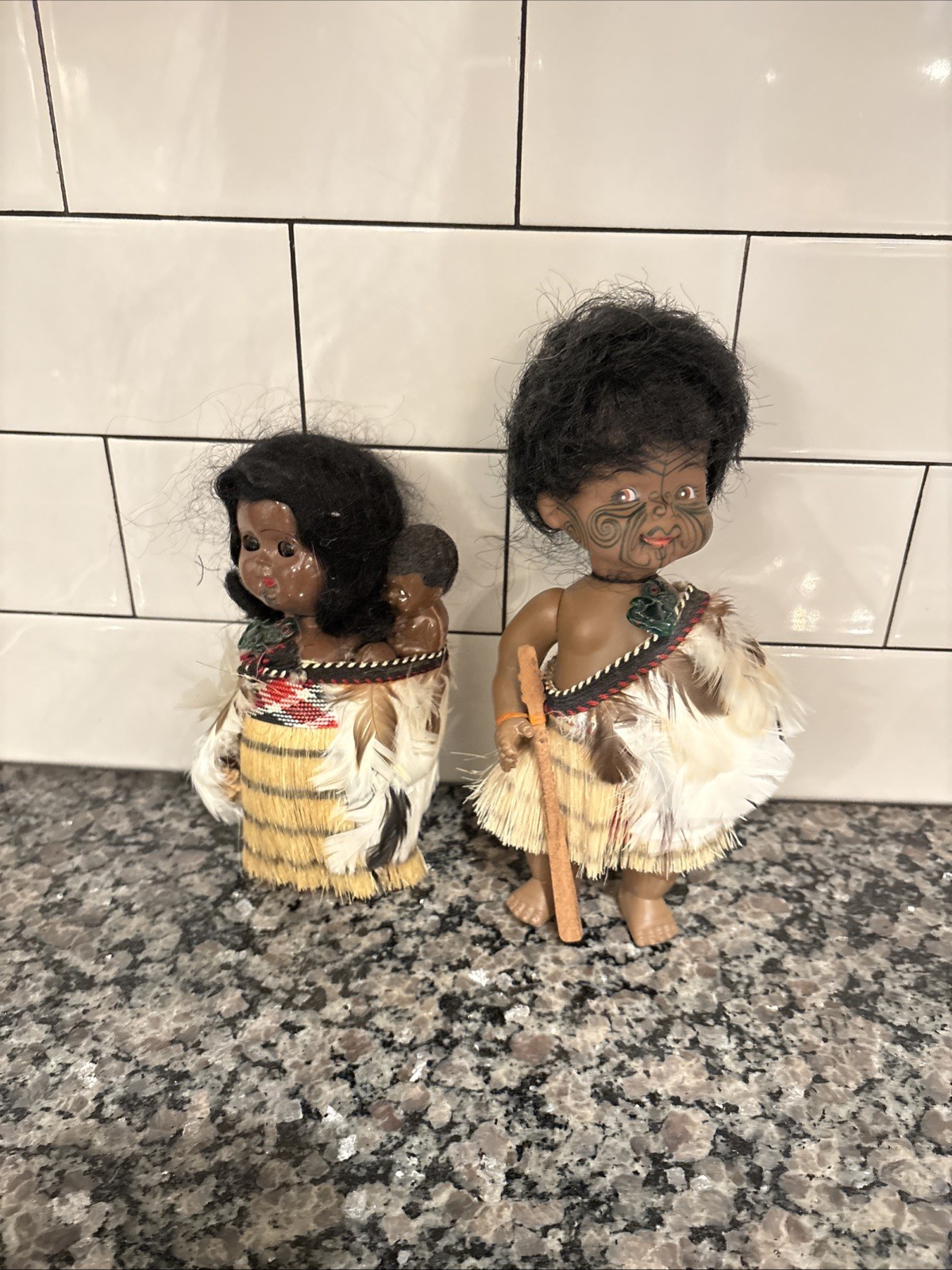Vintage New Zealand Maori Souvenir Doll With Facial Tattoo Set Of Two