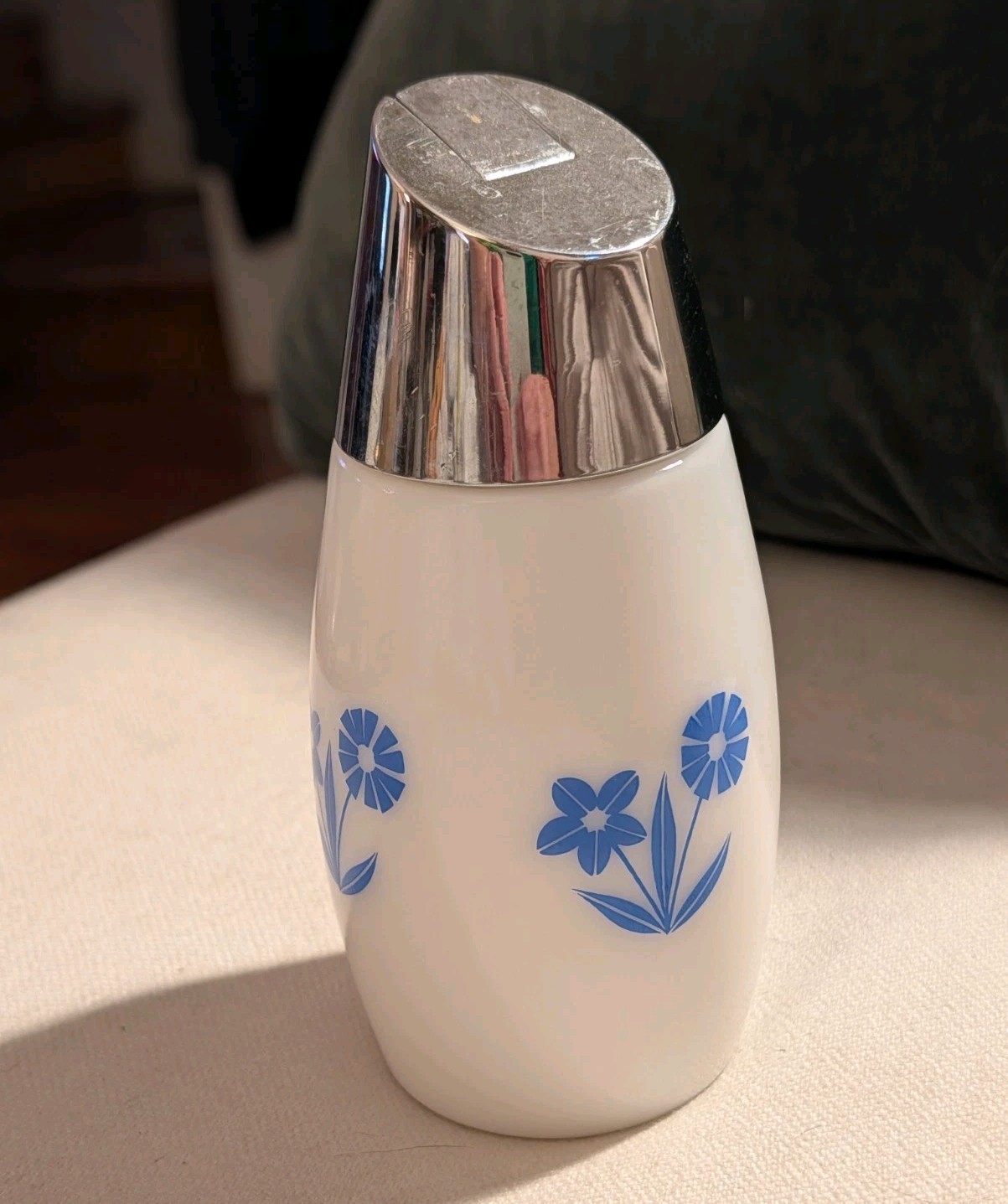 Vintage Gemco Milk Glass Sugar Pourer, Blue Cornflower, Chrome Top