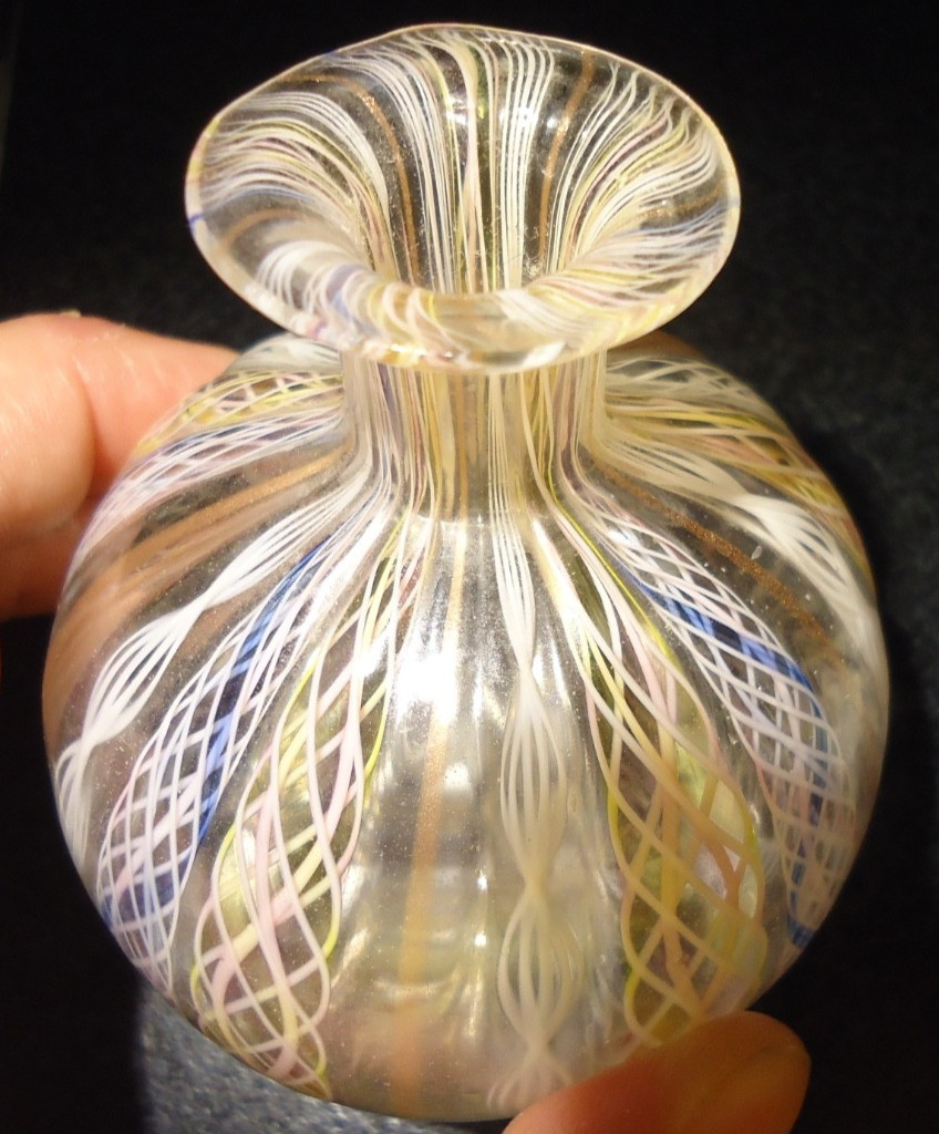 Vtg Murano Latticino Hand Blown Bud Vase Ribbon Swirls Blue Yellow White Venetia