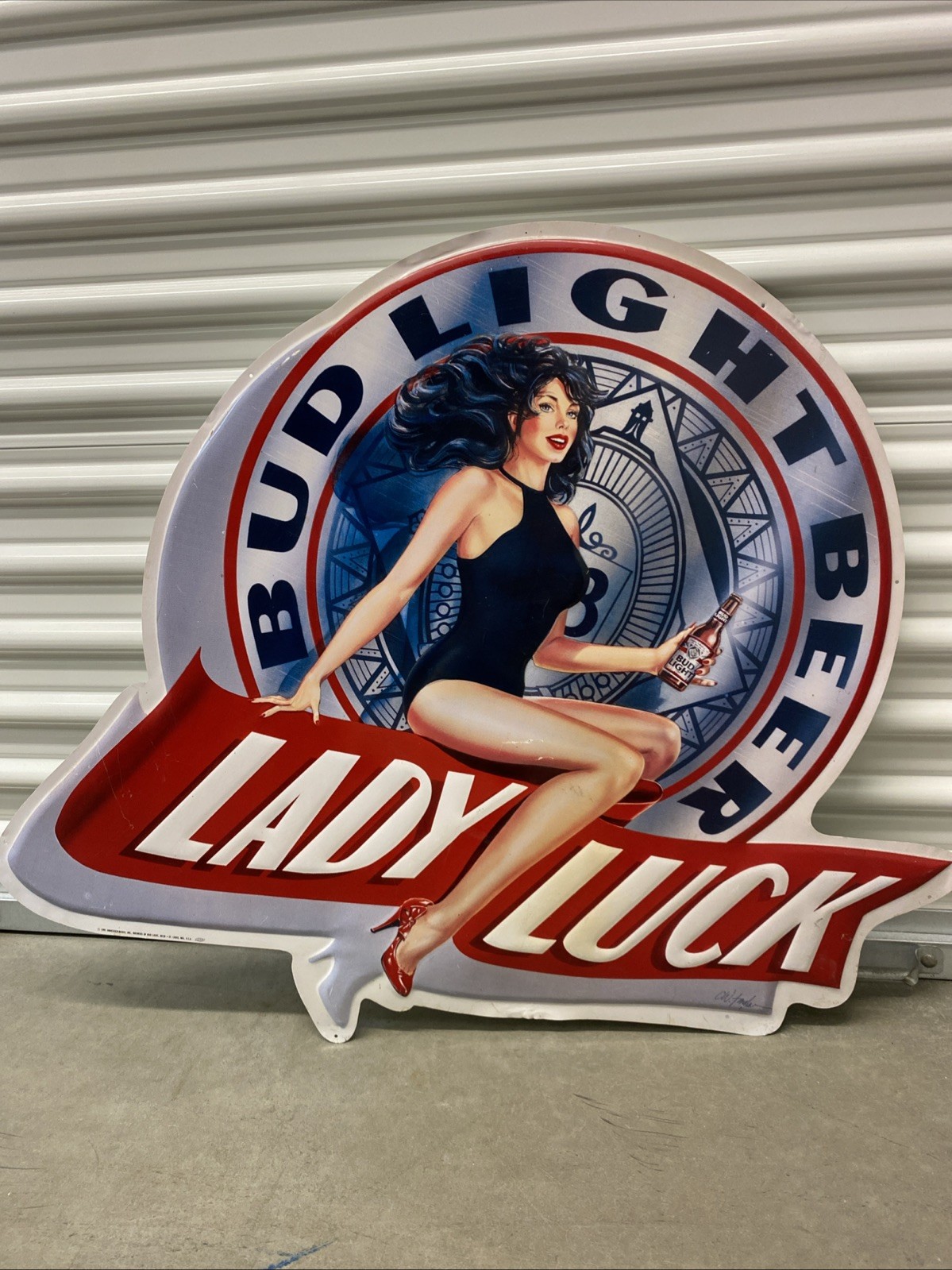 VINTAGE Bud Light Budweiser Lady Luck Beer 36x30 Tin Sign 1991 bar metal tacker