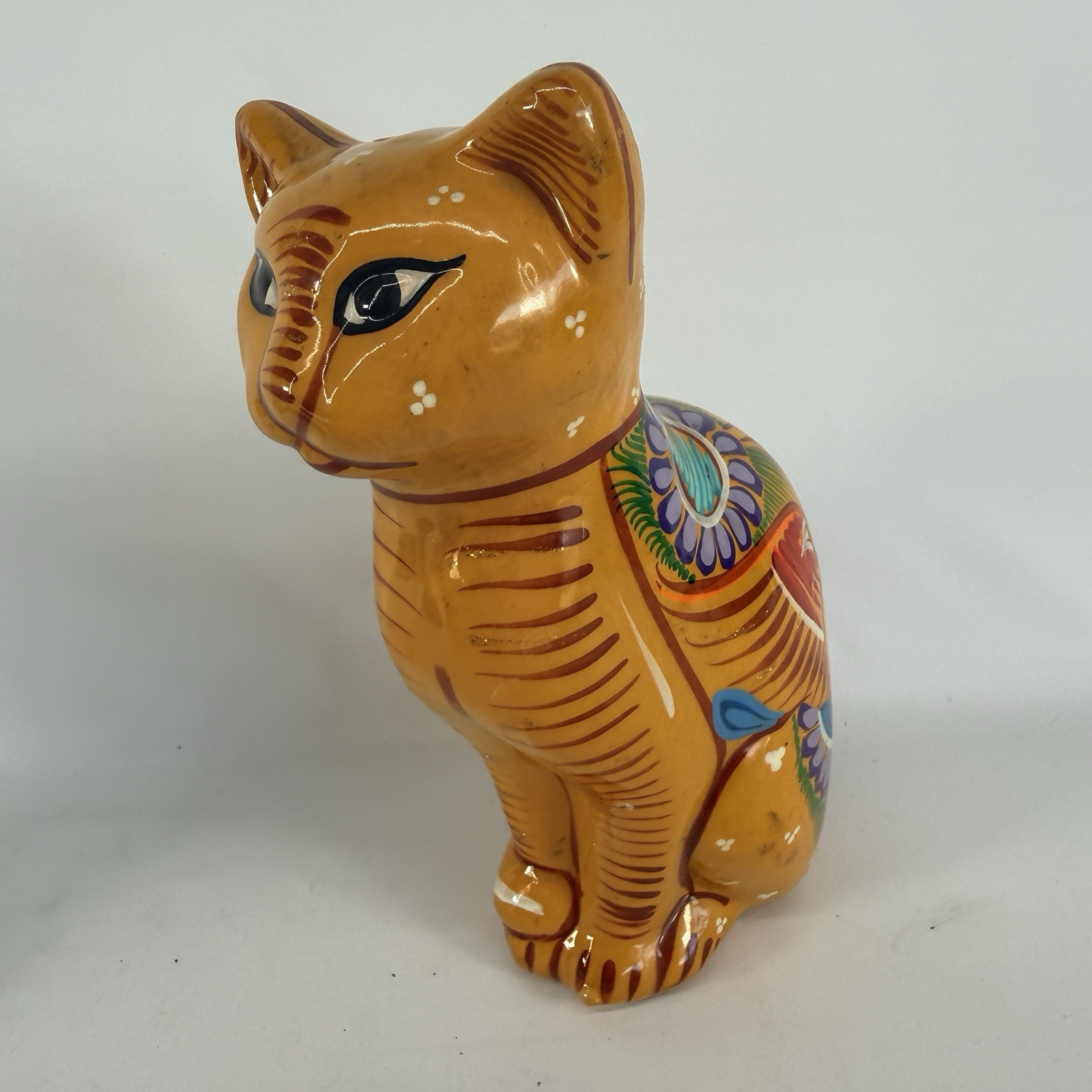 Mexican Folk Art Pottery Cat Bank Hand Painted Yellow Bright Colorful W/ Plug