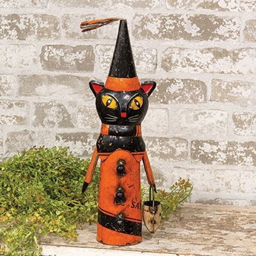 Primitive Recycled Metal Witch Black Cat with Skull Candy Bucket Halloween Decor