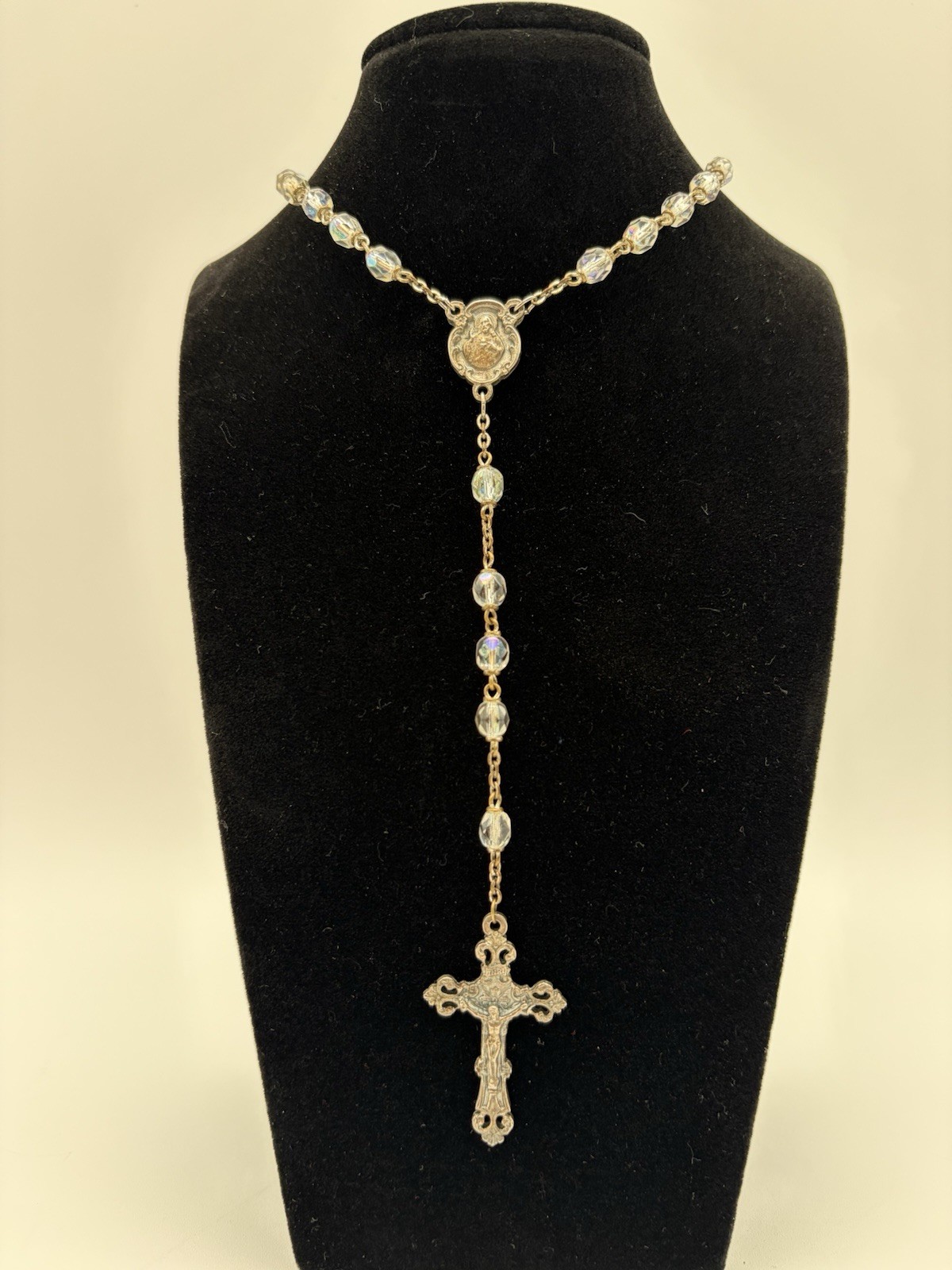 Vtg Chapel Rosary Beads Cross Crucifix Aurora Borealis Glass