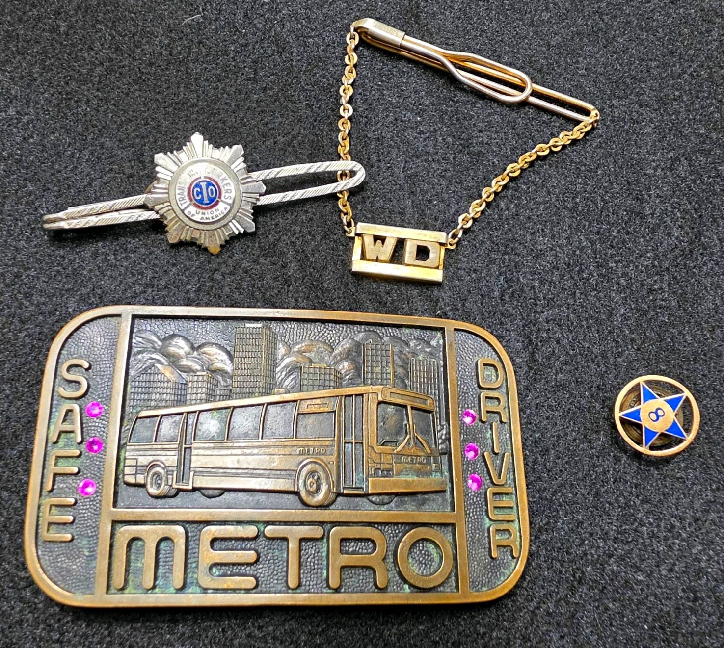 Vtg Houston METRO Safe Driver 10K Gold Pin TWU Union Tie Bar Belt Buckle Lot