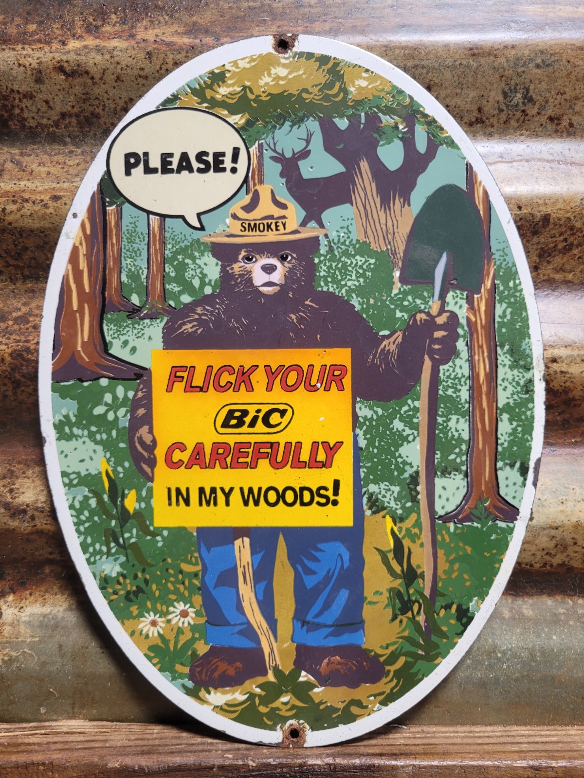 VINTAGE SMOKEY THE BEAR PORCELAIN SIGN RARE OLD BIC FIRE LIGHTER FOREST SERVICE