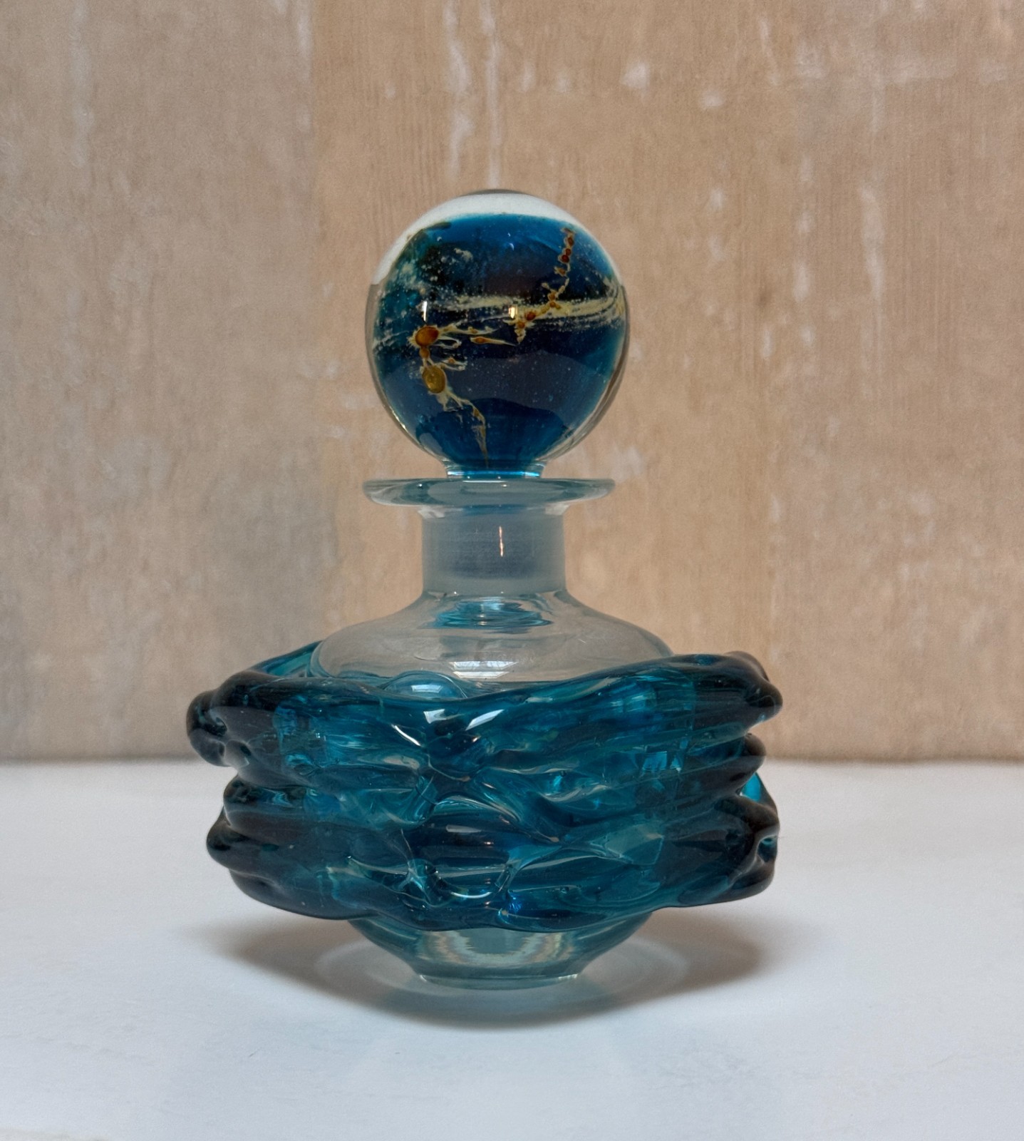 Vintage Signed Mdina Blue Summer Art Glass Perfume Bottle Stopper Sea Sand 1970s