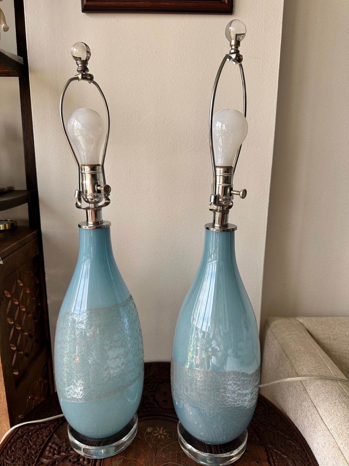 Pair Vintage Hand Blown Pearl Blue Glass Table Lamps Silver Tone Mid Century Pair Vintage Hand Blown Pearl Blue Glass Table Lamps Silver Tone Mid Century