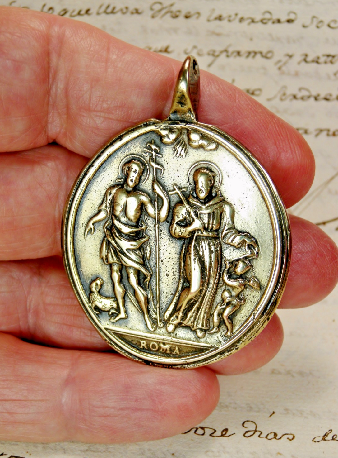 ANTIQUE 18TH CENTURY ST GABRIEL FRANCIS JOHN THE BAPTIST JESUS LAMB OF GOD MEDAL