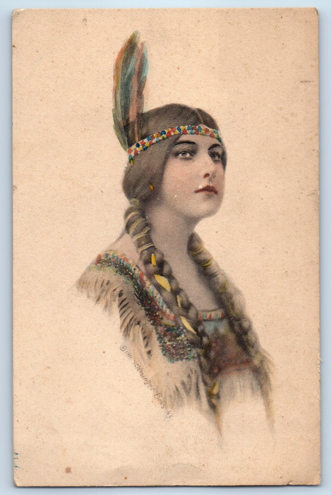 c1910's Indian Woman Braided Long Hair Signed Artist Posted Antique Postcard