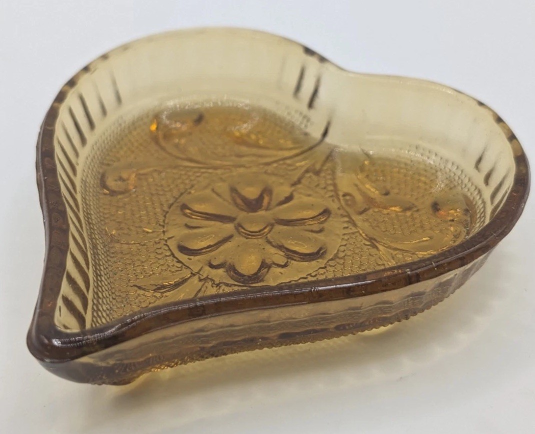 Vintage Indiana Glass Amber Heart Shaped Trinket Dish