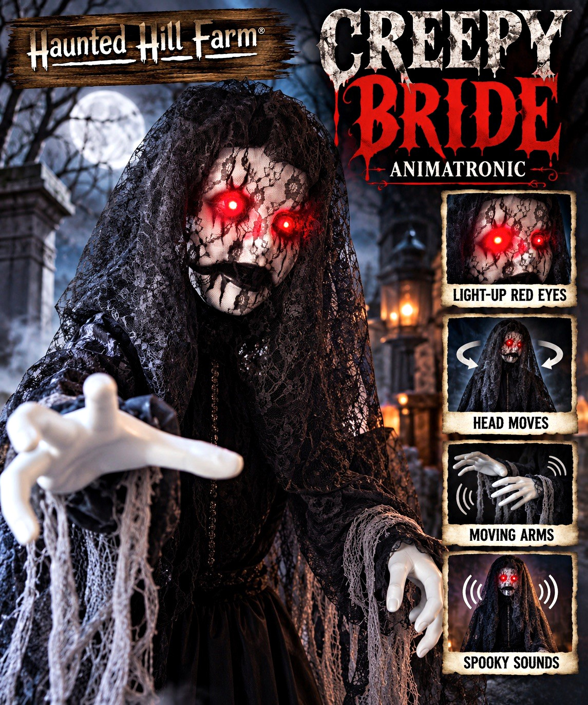 Haunted Hill Farm Creepy Bride Animatronic Prop Light-Up Red Eyes Sound Motion