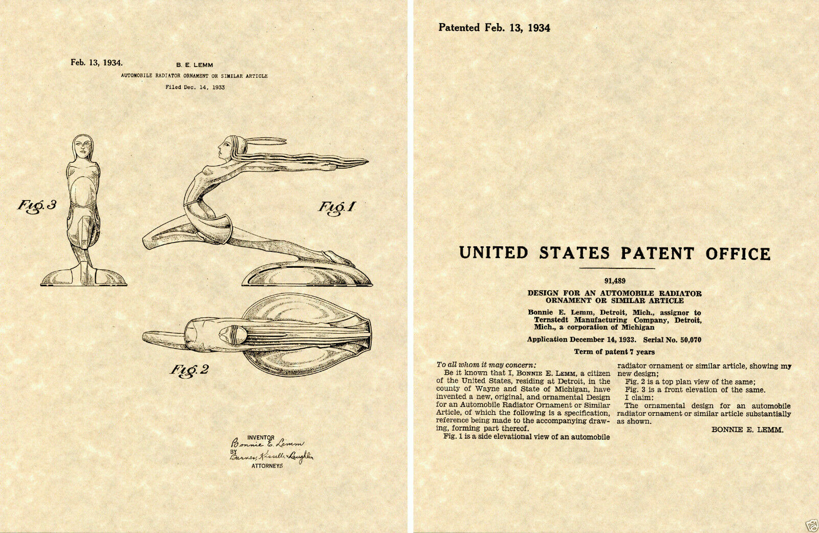 1934 PONTIAC CHIEF HOOD ORNAMENT PATENT Art Print READY TO FRAME GM