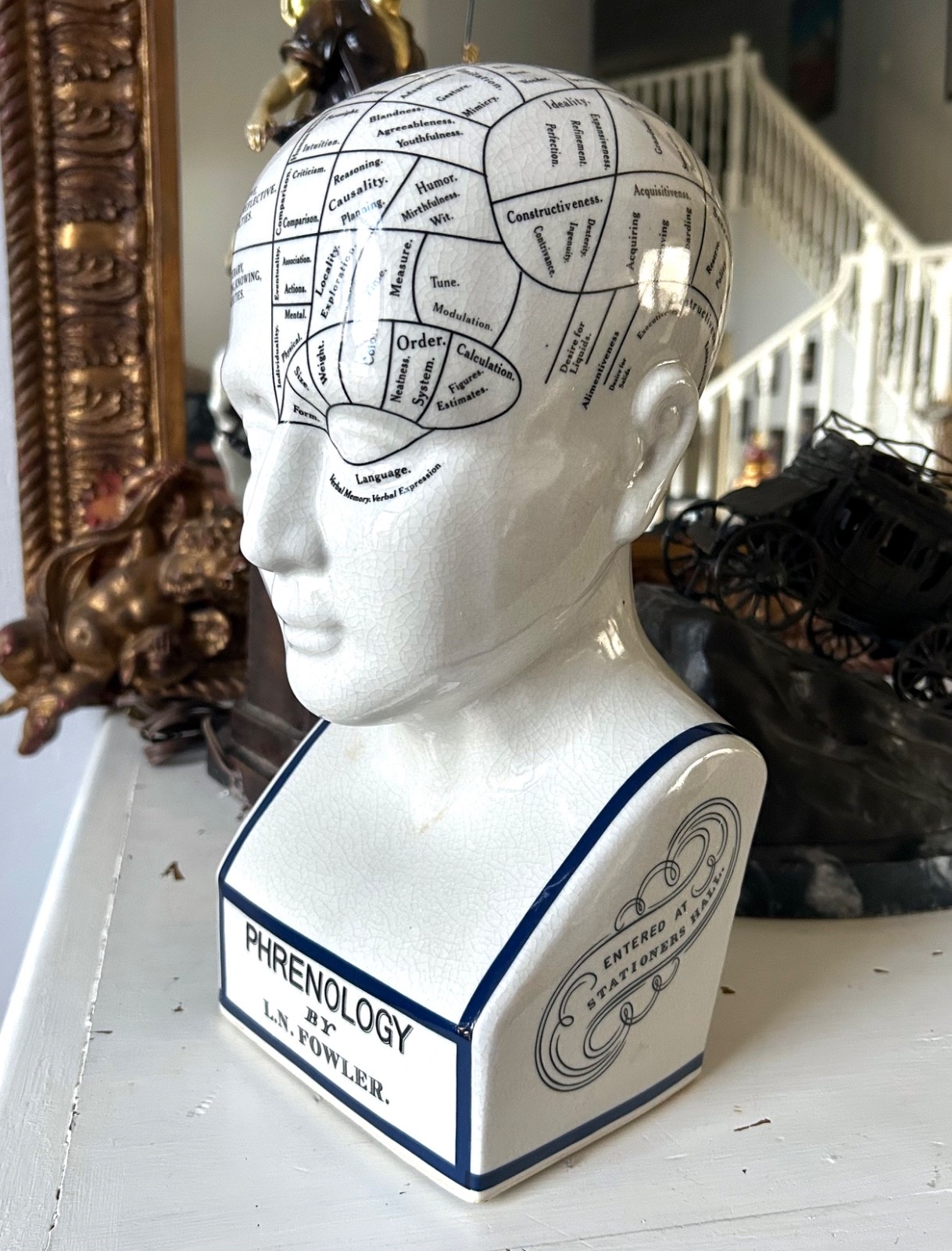 L.N. Fowler Phrenology Bust Ceramic Porcelain Head Medical Psychology Gift Decor