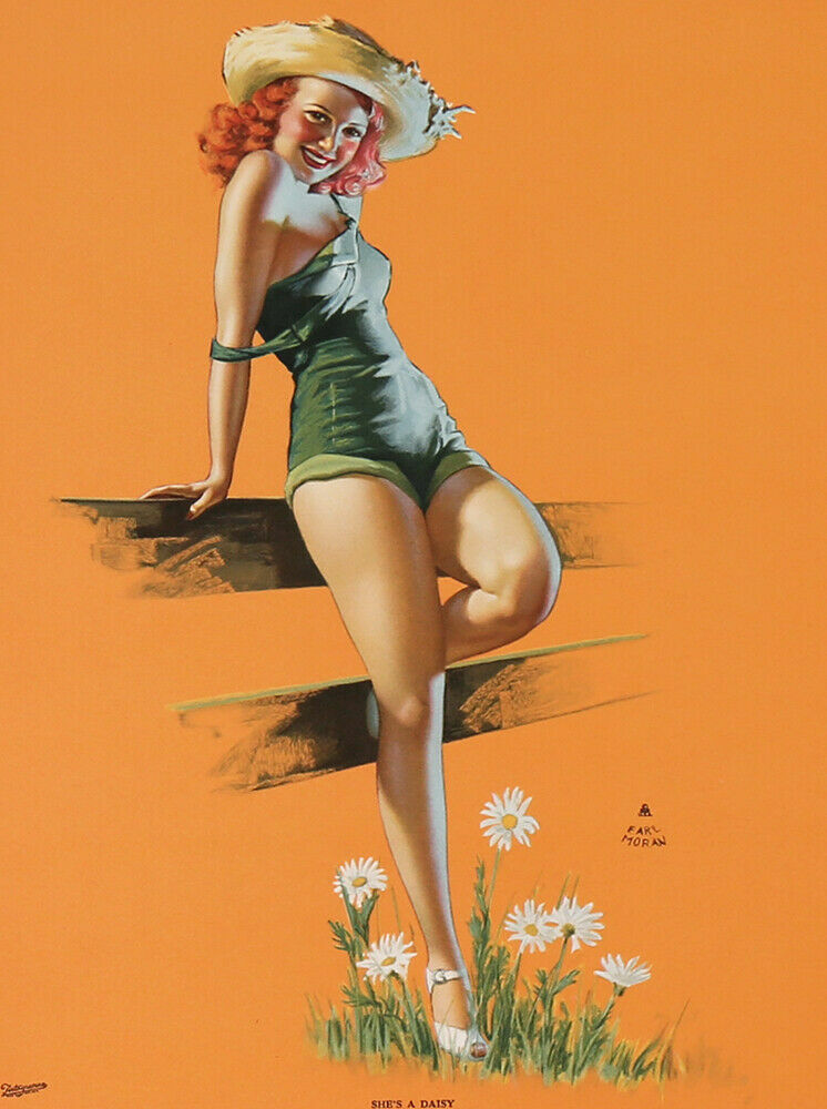 Vintage 1940s She's A Daisy Earl Moran Pin-Up Print Farm Country Girl Redhead