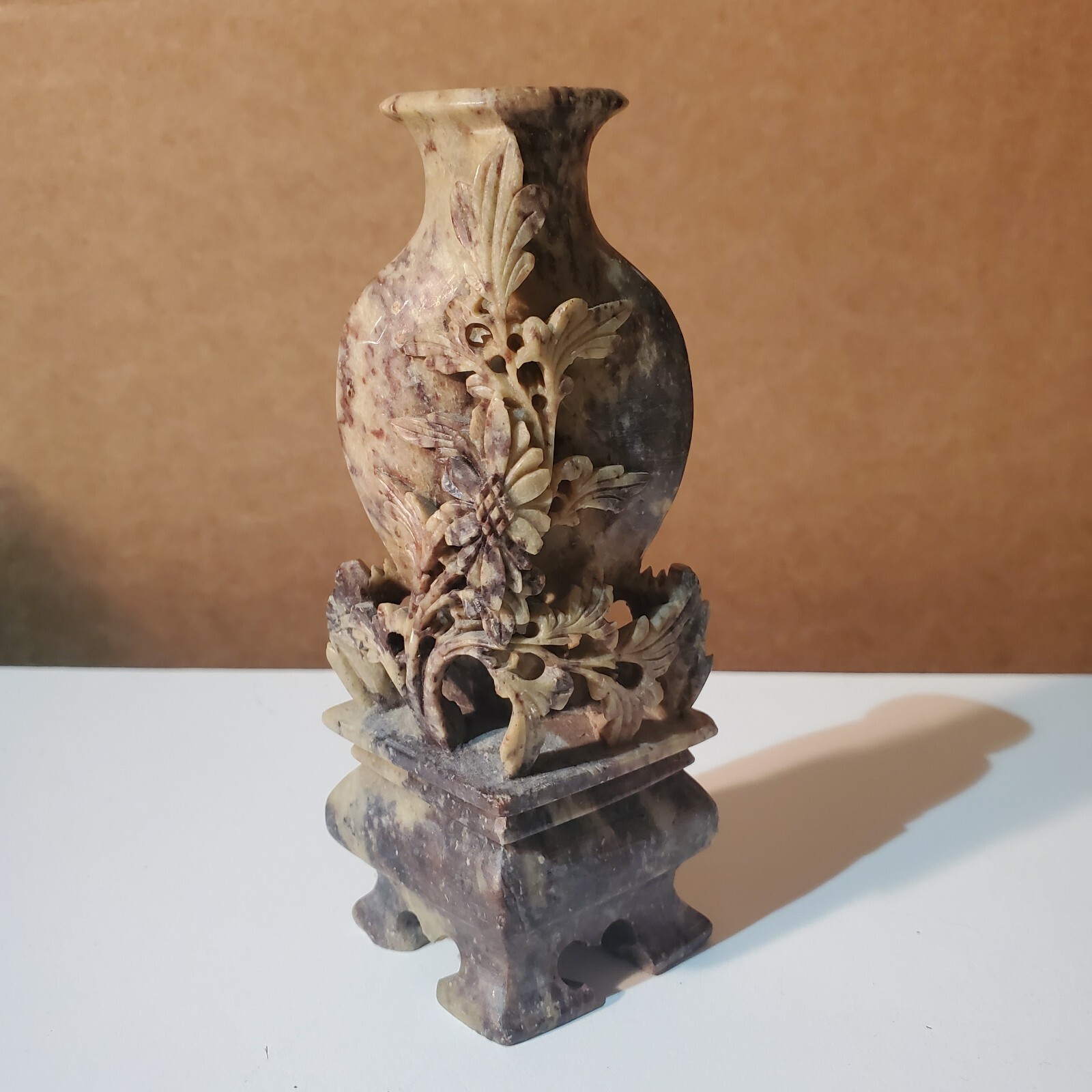 Antique Chiness Soapstone Bud Vase Floral  