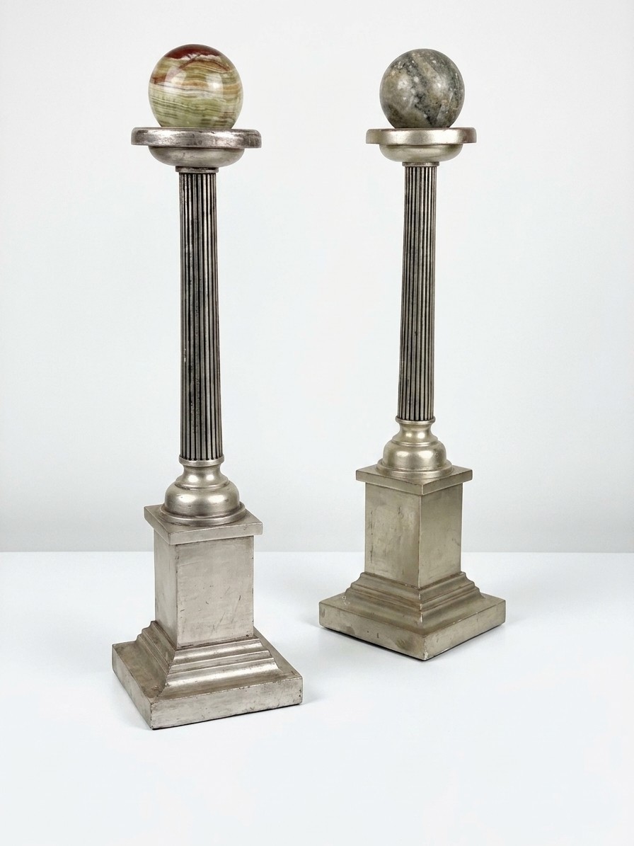 Grand Tour Neoclassical Carved Water Giltwood Columns With Marble Spheres - A Pa