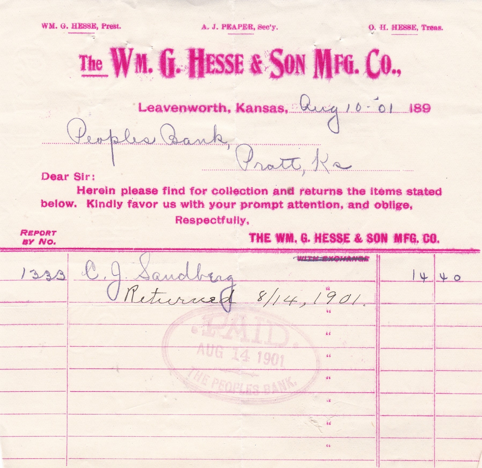 U.S. Wm. G. HESSE & SON MFG. CO. Leavenworth, Kansas 1901 Paid Invoice Ref 48905