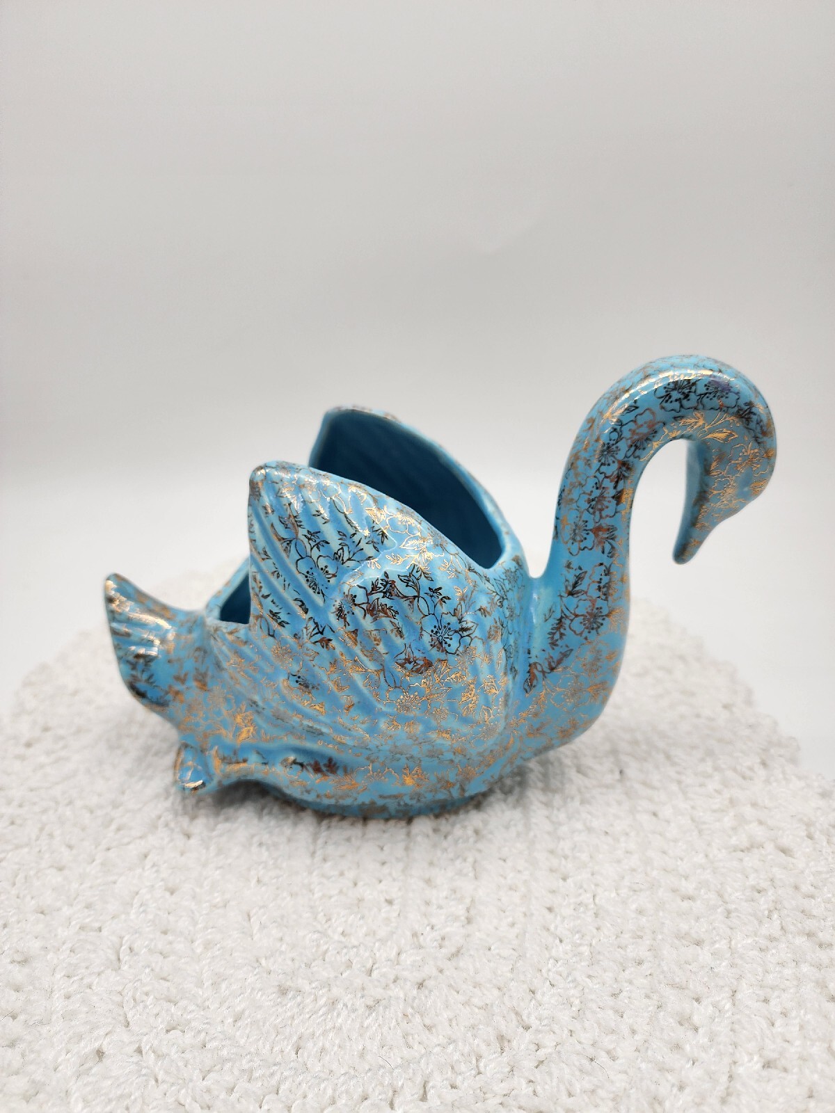 Vintage Swan Planter by Pioneer Company Ceramic Blue and Gold Chintz 