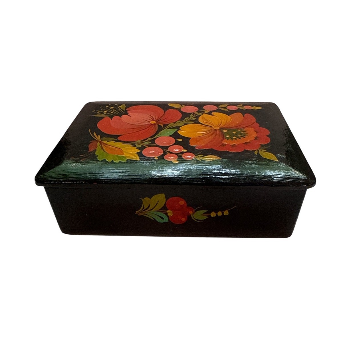 Vintage USSR Petrykivka Hand Painted Wooden Jewelry Trinket Box Ukraine Folk Art